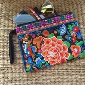 Anela Orange Blossoms Embroidered Clutch Wristlet